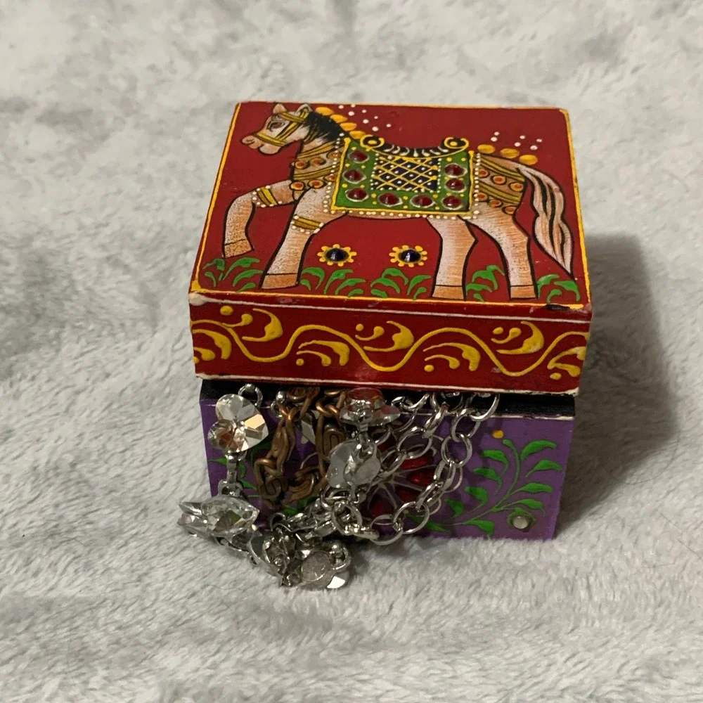 World Market Hand Painted Horse Jewelry Trinket Box Mango Wood India Gem Accents